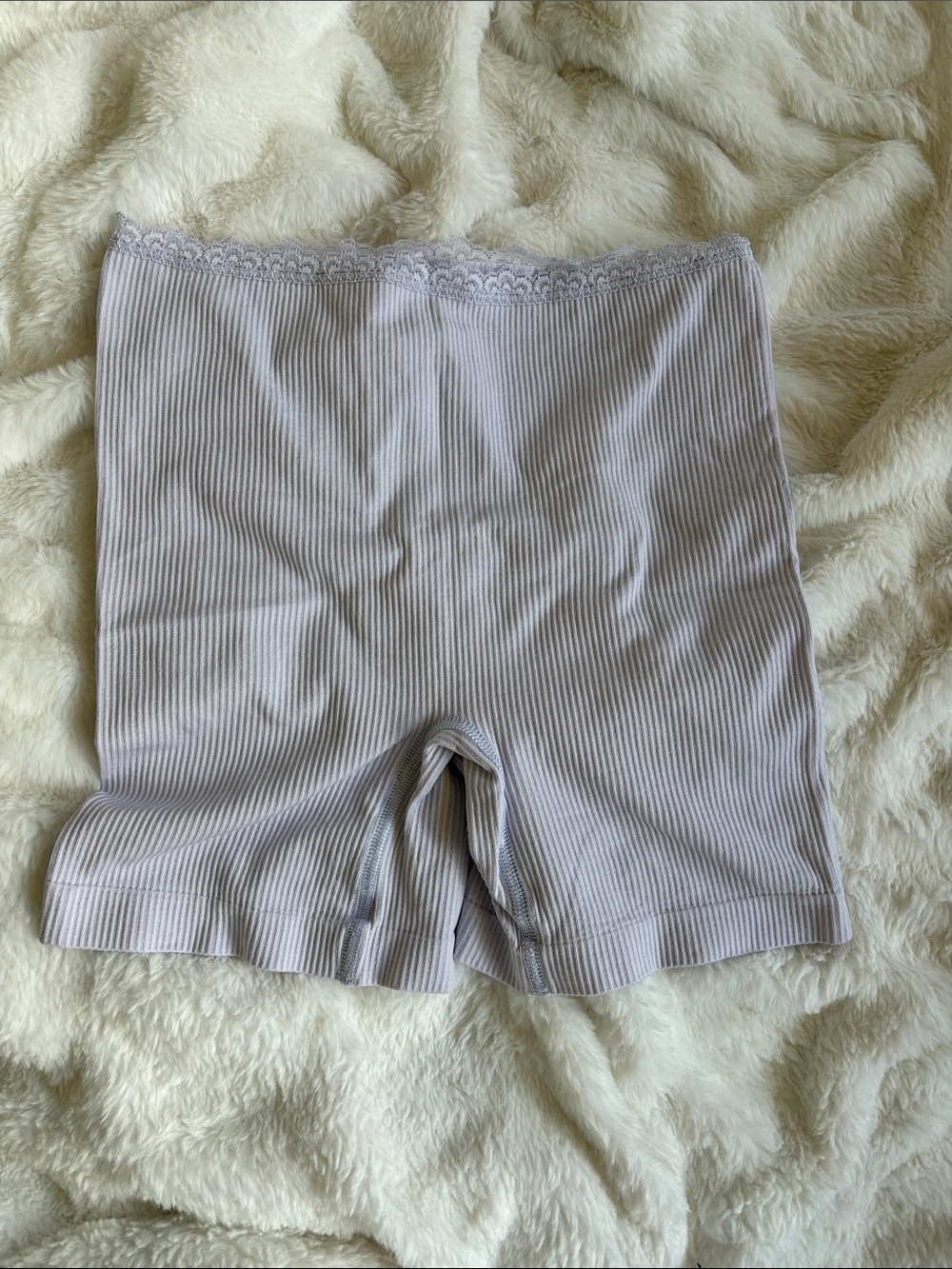 PrettyLittleThing Light Lavender Ribbed Lace-Trim Bike Shorts